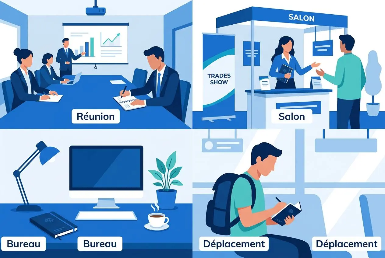 Plan illustrant un espace professionnel avec réunion, salon, et bureaux; ambiance travail et déplacement. Carnet publicitaire délai court intégré: offre express affichée.
