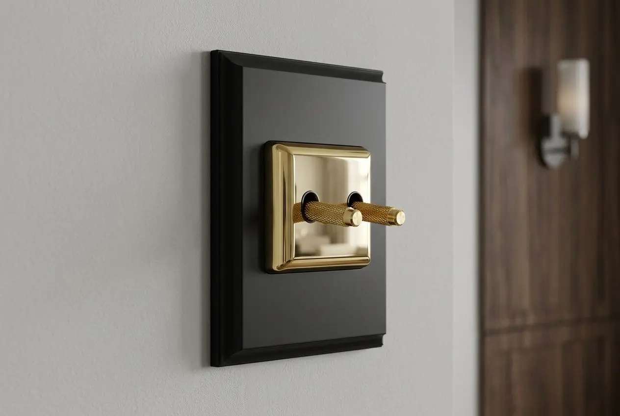 Elegant gold-toned luxury brass light switches mounted on a black and gold plate, with a modern doorway in the background.