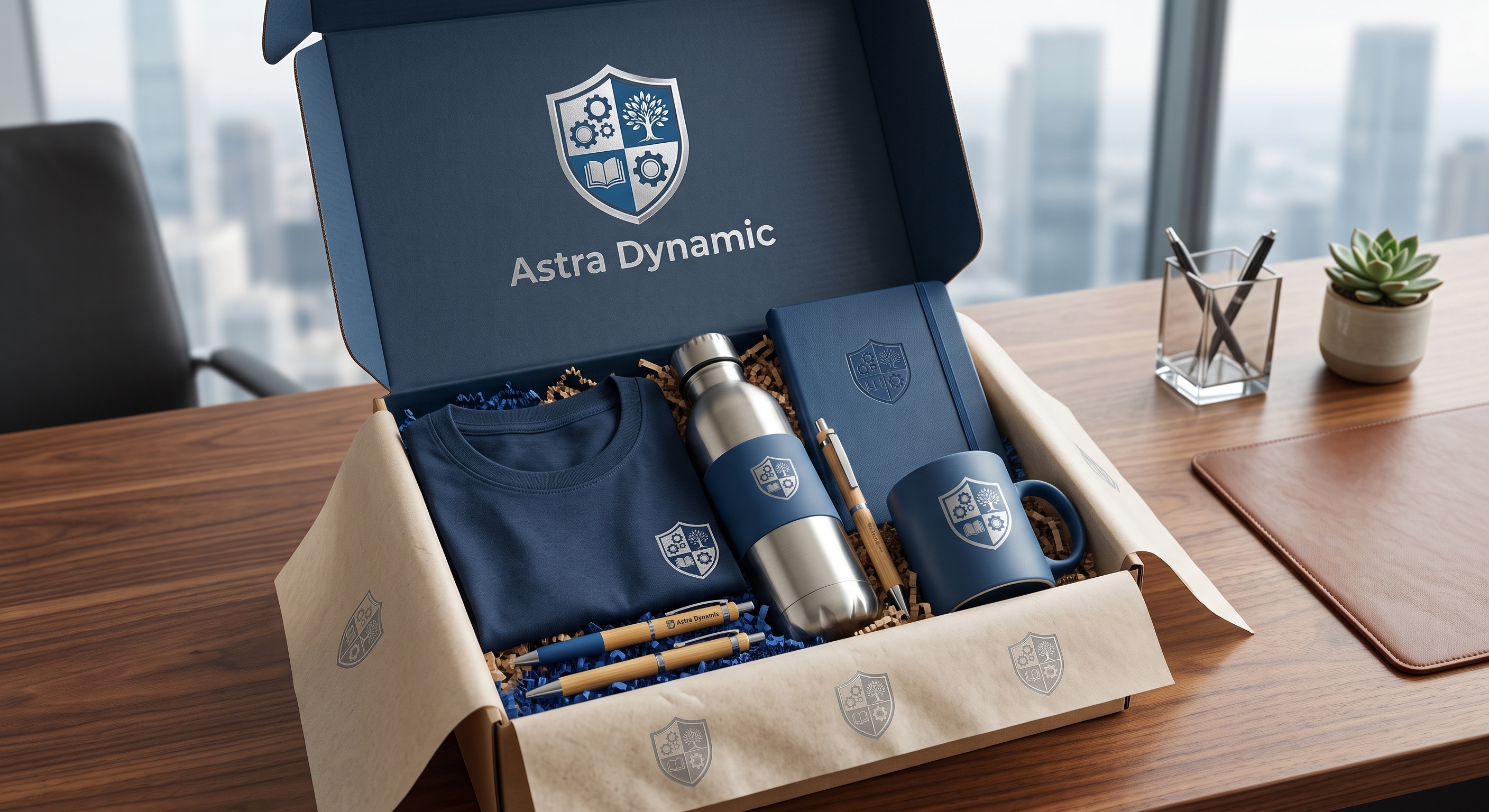 Boîte de merch bleu contenant un T-shirt, une gourde, une tasse et stylos, tous ornés d'un blason, présentés dans un