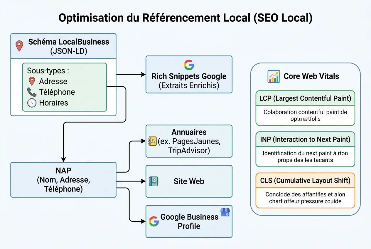 Diagramme illustrant l’optimisation du référencement local: flux entre Schéma LocalBusiness, NAP, annuaires et Google Business Profile, avec Google Rich Snippets et Core Web Vitals. obtimiser son seo local intégré.