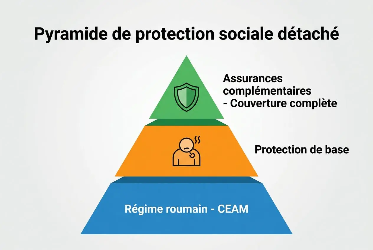 Pyramide de protection sociale détaché: base bleu « Régime roumain - CEAM », niveau orange « Protection de base », sommet vert « Assurances complémentaires - Couverture complète », illustration d’un destinataire et texte descriptif en français. Couverture sociale travailleur détaché roumain intégrée.