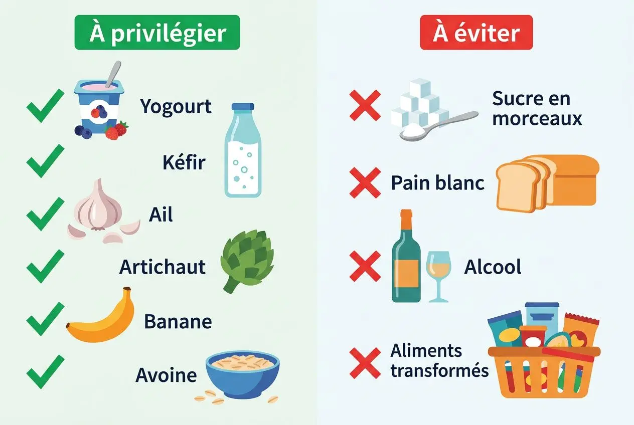 Conseils d’alimentation pour la flore intime: aliments à privilégier et à éviter, incluant probiotiques et hygiène adaptée.