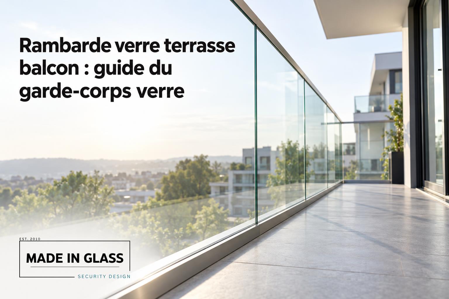 Balustrade en verre sur balcon/veranda avec vue sur la ville et le ciel, façade moderne et plancher gris clair.