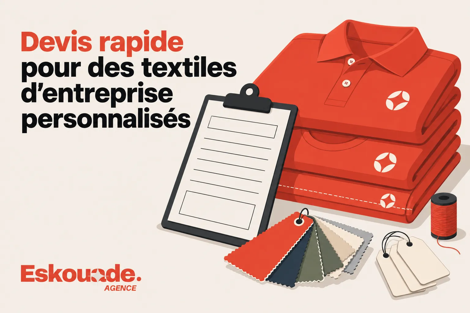 Devis rapide pour des textiles d’entreprise personnalisés avec un bloc-notes, des polos rouges pliés et des échantillons de