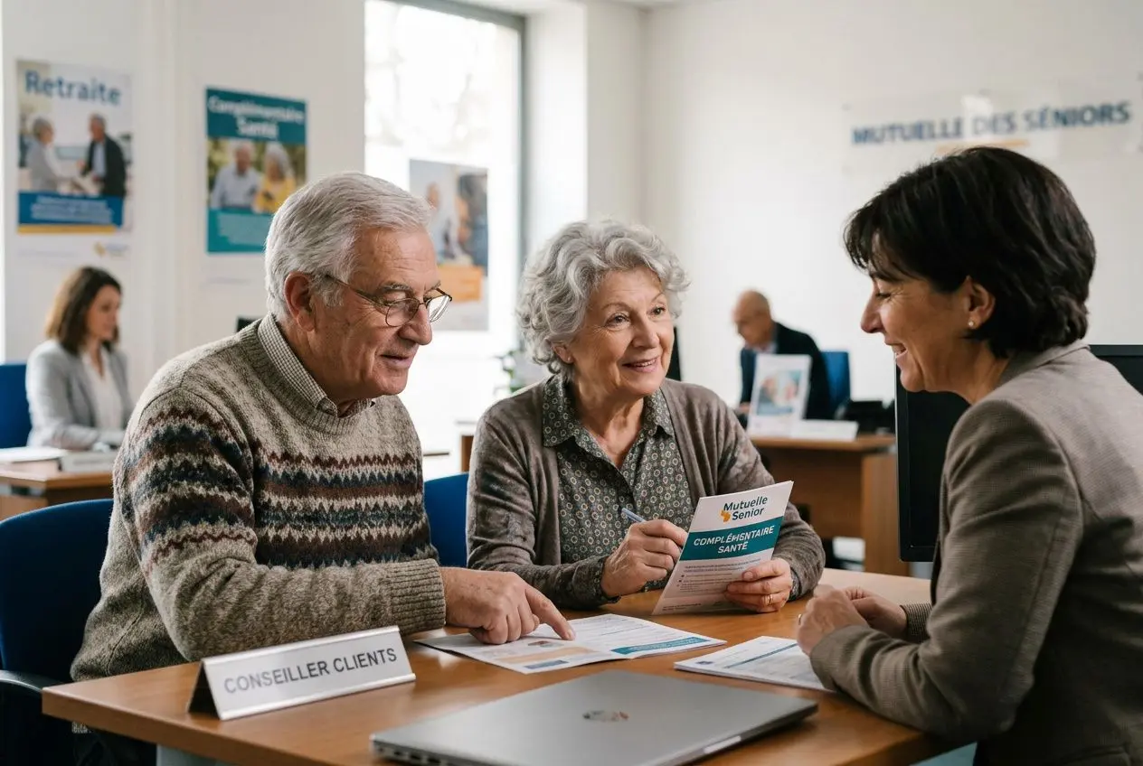 Trois seniors en agence Mutuelle des Seniors discutant autour d’un conseiller, échange de documents et brochures santé; ambiance conviviale. Meilleure mutuelle senior 2026.