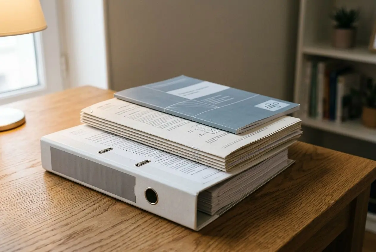 Piles de documents et dossiers sur une table, prêts à être consultés, évoquant la réglementation vmc logement collectif pour les normes et obligations.