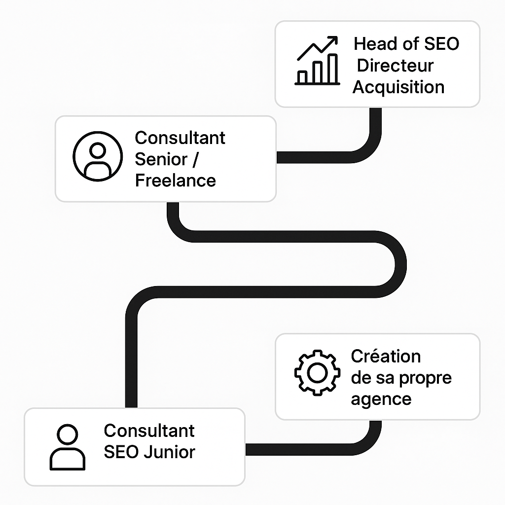 Schéma montrant les différentes perspectives d'évolution de carrière pour un consultant SEO, du poste junior à la direction ou à l'entrepreneuriat.