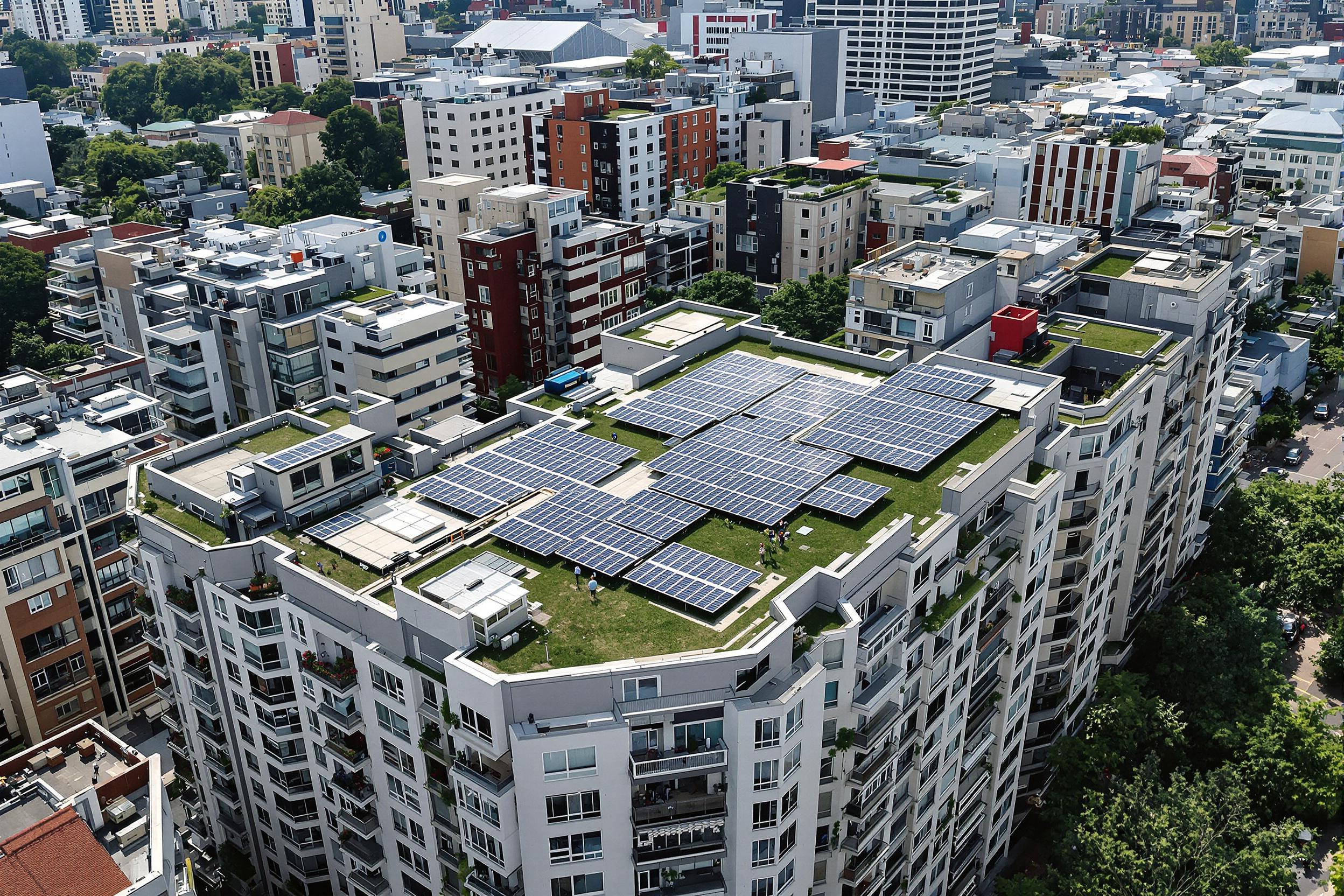 Paysage urbain avec panneaux photovoltaïques et toitures végétalisées