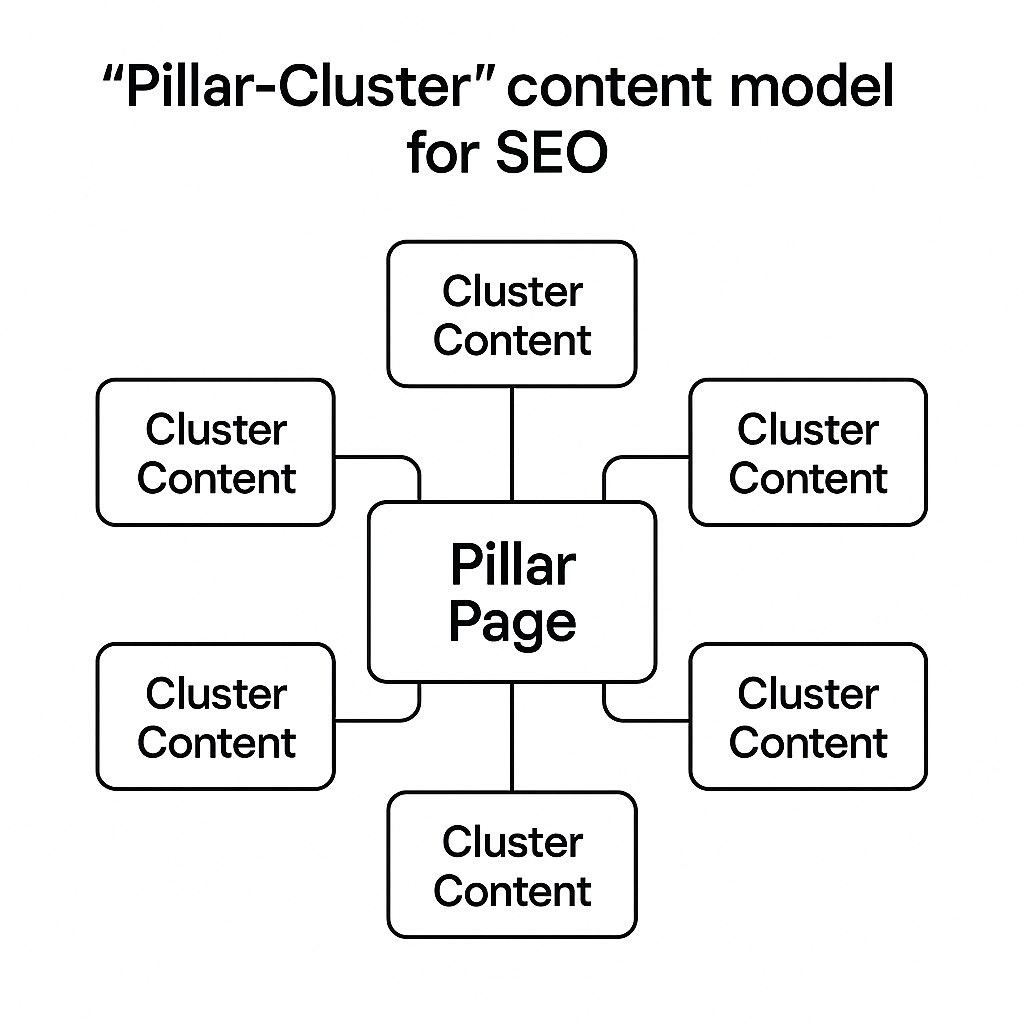 Esquema del modelo de contenido pilar-clúster para SEO, mostrando cómo una página principal enlaza a múltiples artículos específicos para construir autoridad temática.
