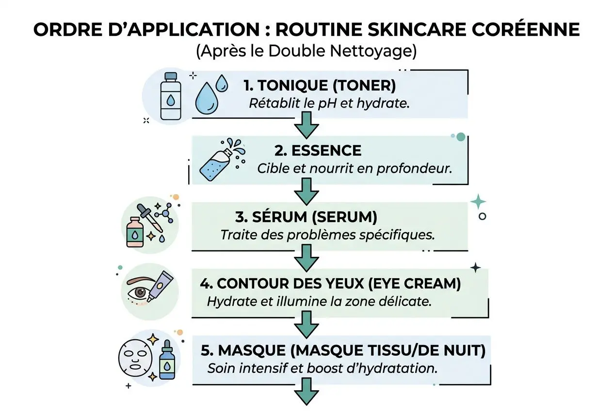 Routine skincare coréenne : les étapes clés pour débuter 3 Schéma d’étapes pour une routine skincare coréenne avec double nettoyage, toner, essence, sérum, contour des yeux et masque visage.