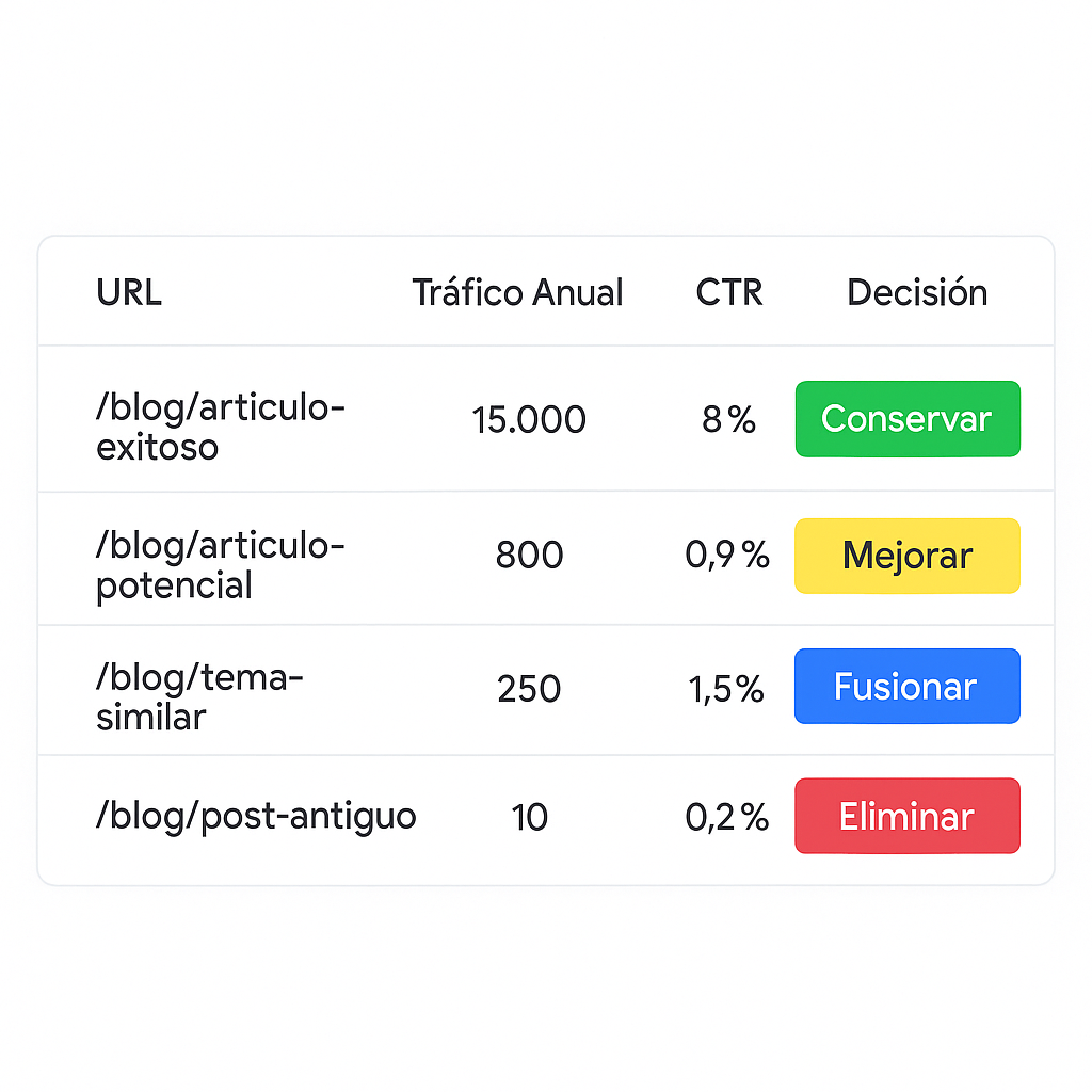 Interfaz de una herramienta de auditoría de contenidos que muestra una tabla clasificando cuatro URLs con diferentes métricas de rendimiento y la decisión estratégica correspondiente: Conservar, Mejorar, Fusionar o Eliminar.