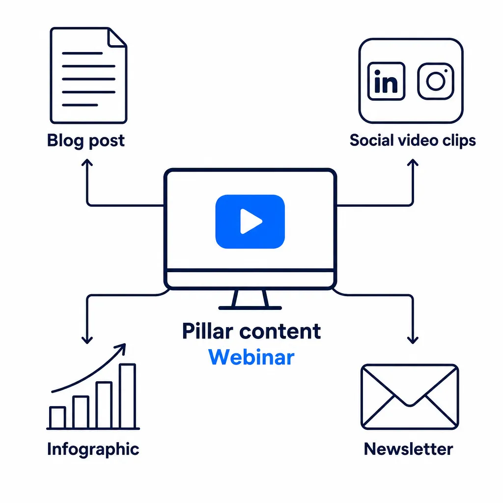 Infographic showing content repurposing: one webinar turned into a blog post, social video clips, an infographic and a newsletter.