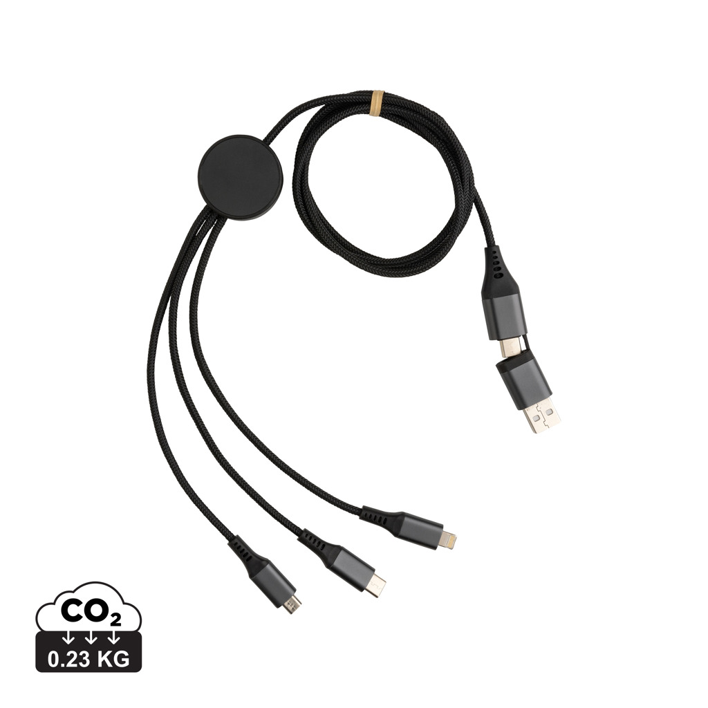 Batterie externe à câble multiple avec prise USB-C et micro-USB, connecteur magnétique au centre, poids 0,23 kg, intégrant le marquage entreprise possible. Batterie externe marquage entreprise.