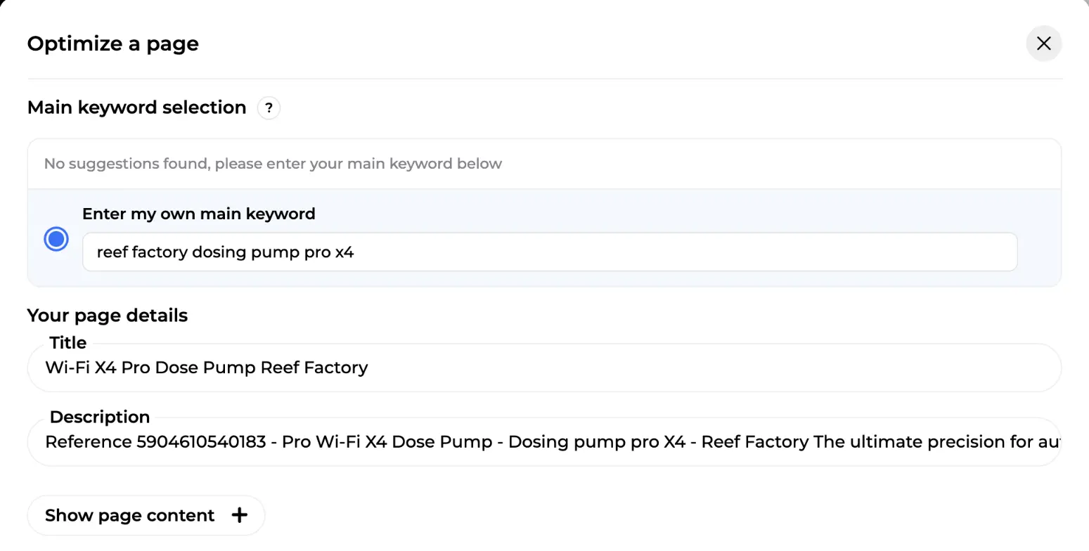 Optimize a page window in Sedestral: main keyword field filled with a dosing pump query, above the page title and meta description