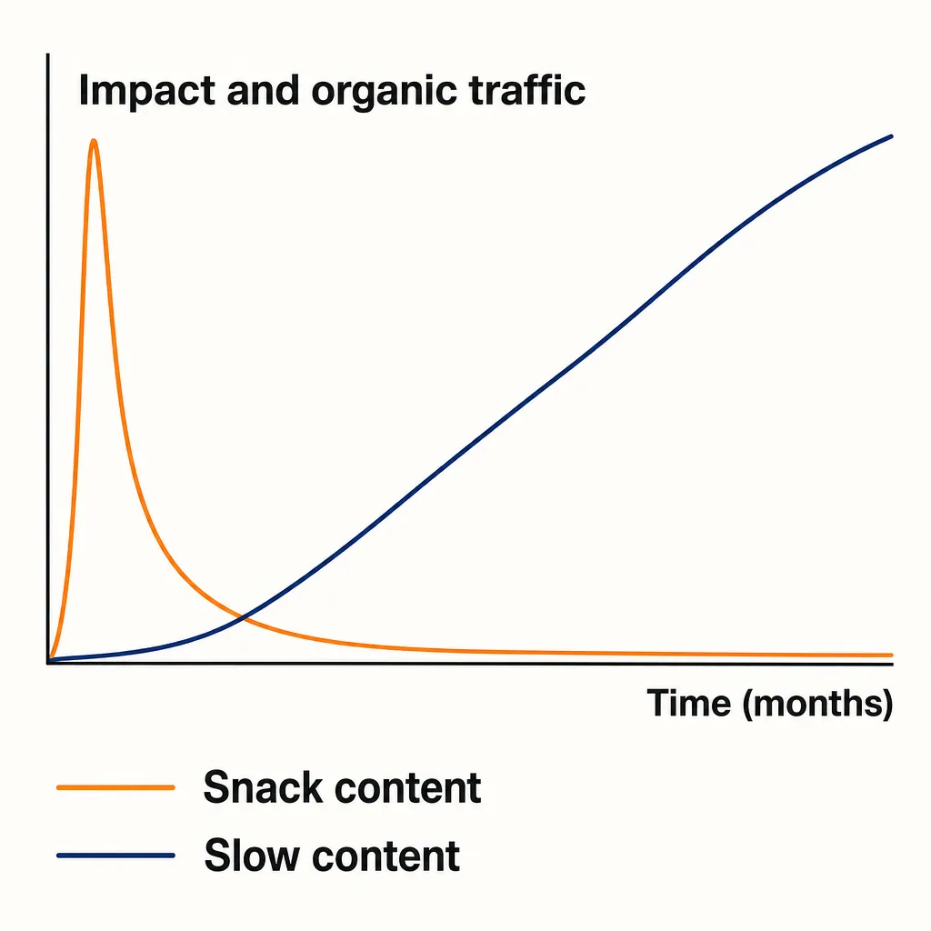 Chart comparing slow content and snack content over time: slow content grows organic traffic steadily, snack content spikes high then fades fast.