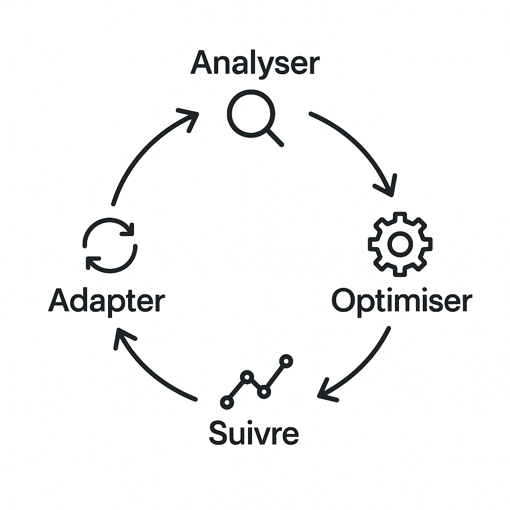 Schéma du cycle d'optimisation SEO continu en 4 étapes : analyser, optimiser, suivre et adapter.
