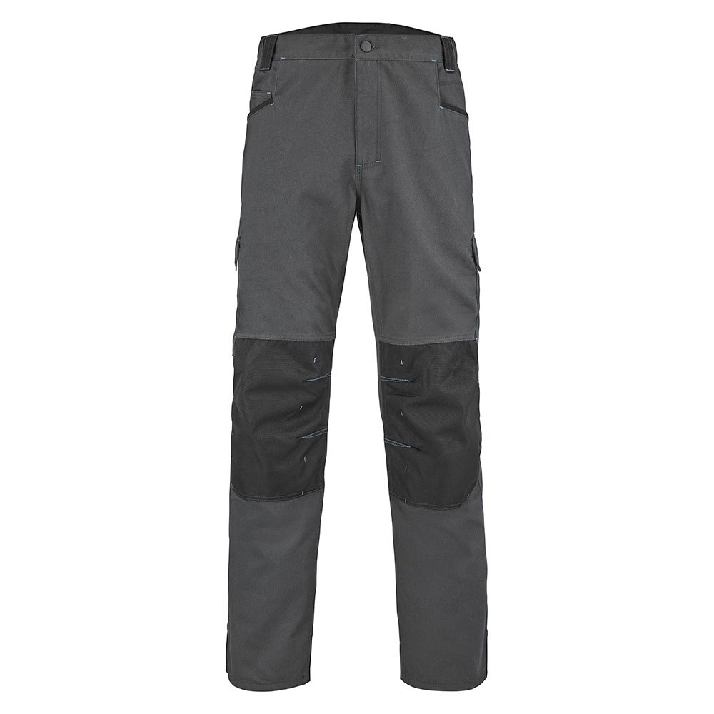 Pantalon de travail gris foncé avec renforts noirs au niveau des genoux.
