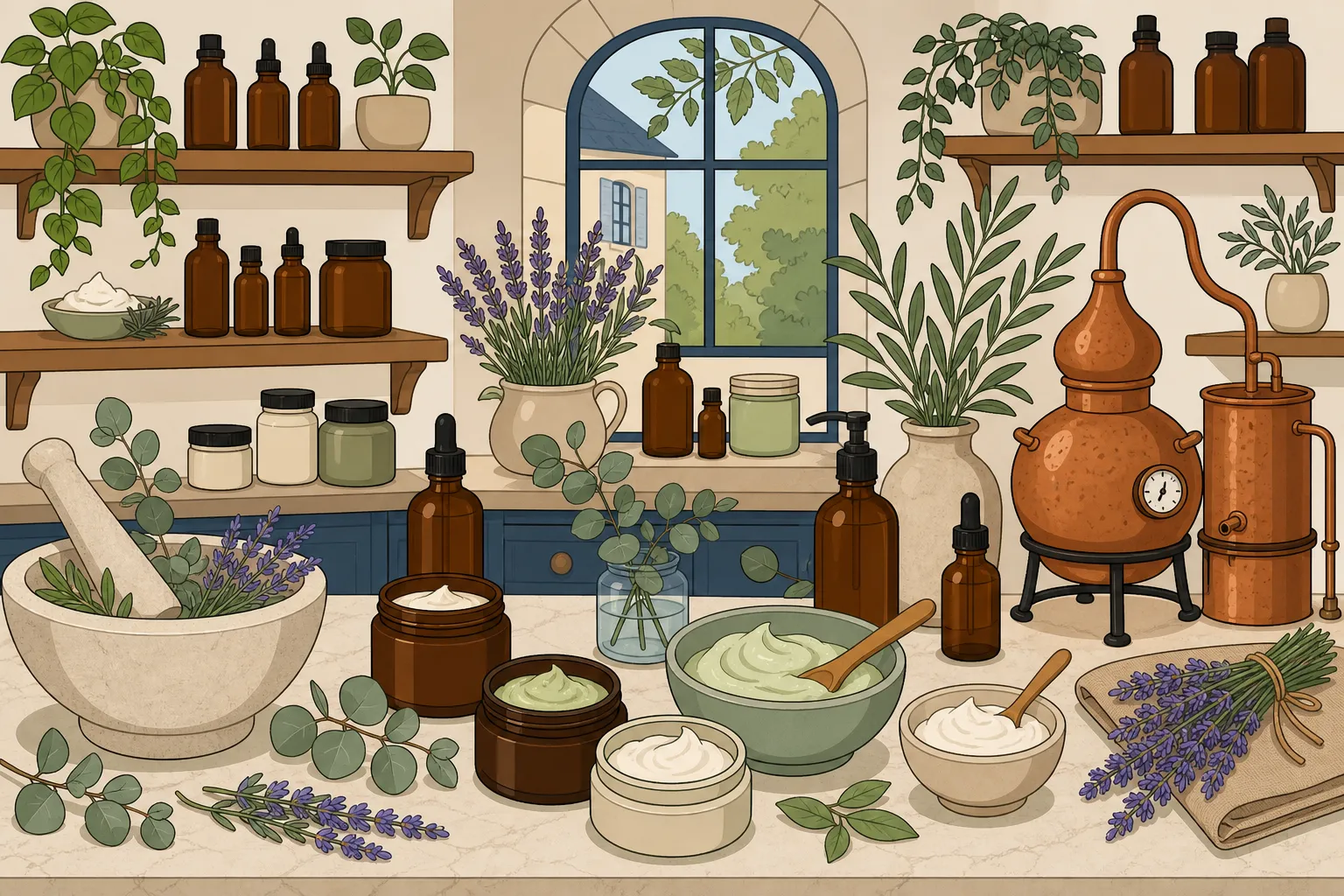 Grand atelier de cosmétique maison avec pots bruns, mortier, mortier et verrines; herbes, lavande et plantes aromatiques déployées près d’un grand fenêtre. cosmétique 100% naturel et bio intégré naturellement.