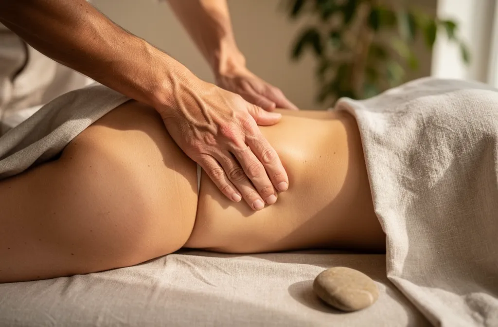 Massage abdominal relaxant pratiqué lors d'une séance de chi nei tsang sur le ventre, ambiance calme et pierres nearées.