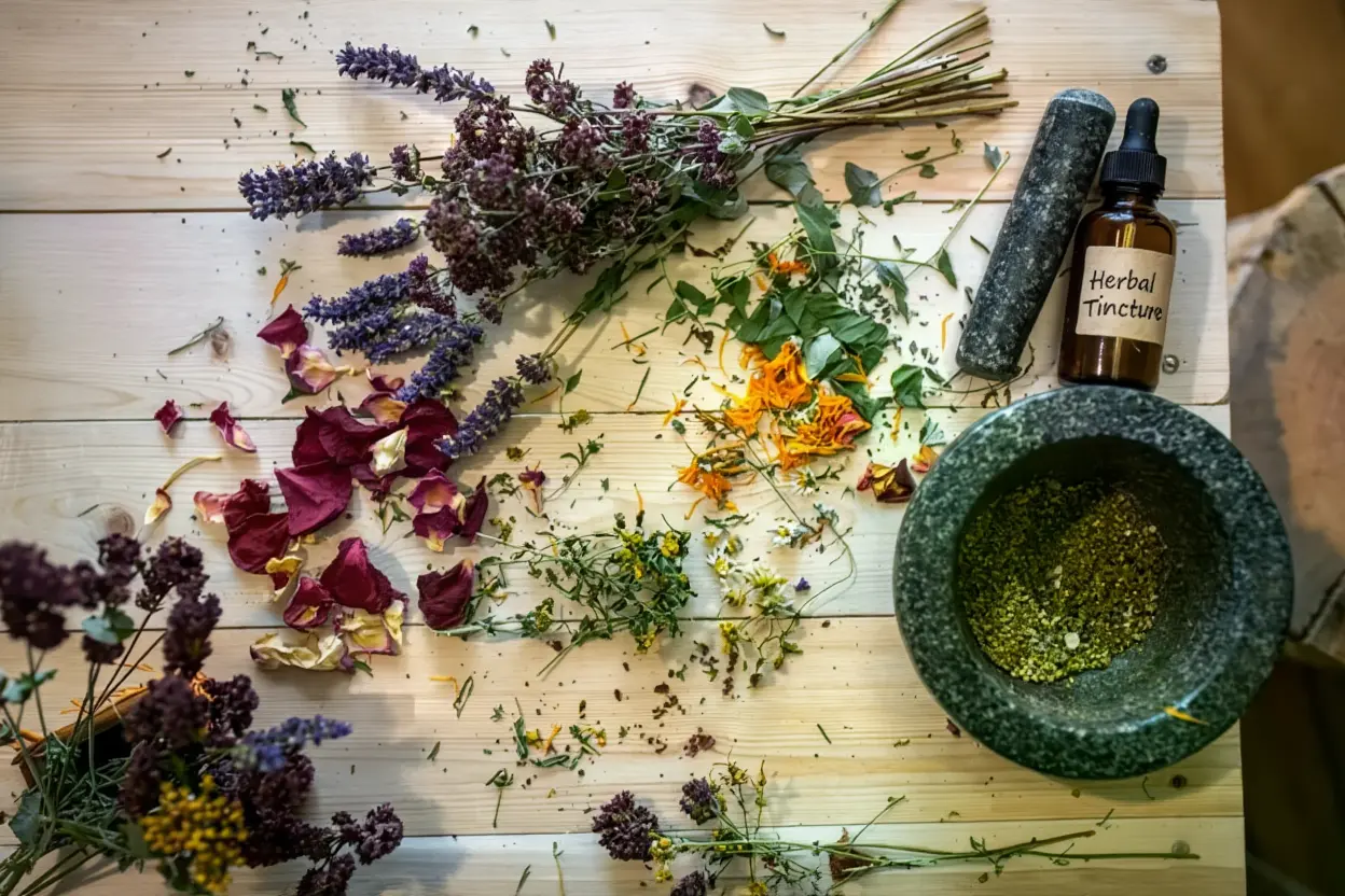 Assortiment de plantes séchées et fleurs sur planche en bois, avec mortier et pilon verts et flacon compte-gouttes “Herbal Tincture”. Correspond à la différence entre phytothérapie et herboristerie.