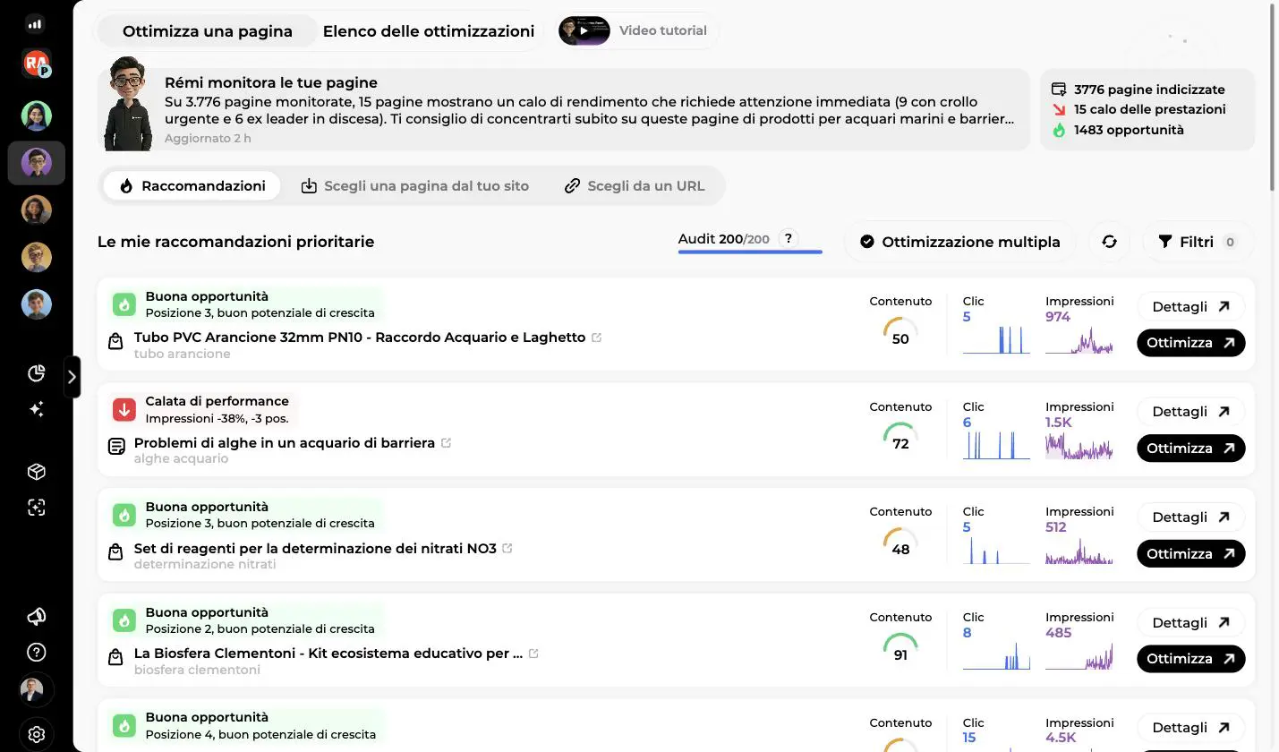 Schermata Ottimizza una pagina: raccomandazioni prioritarie con etichette, punteggio contenuto, clic e impressioni per ogni pagina
