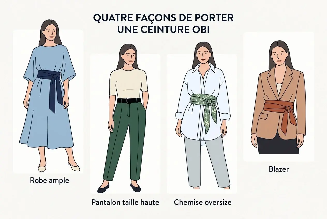 Quatre façons de porter une ceinture obi avec manteau ou tenue casual, montrant robe ample, pantalon taille haute, chemise oversize et blazer.