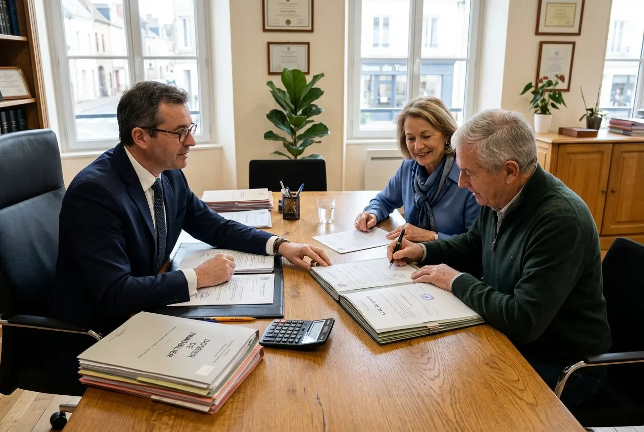 Trois personnes en réunion autour d’un bureau, signing de documents et pile de dossiers; ambiance professionnelle sur le sujet des remboursements et fonds travaux en copropriété. Remarque: remboursement fonds travaux vente appartement est intégré.