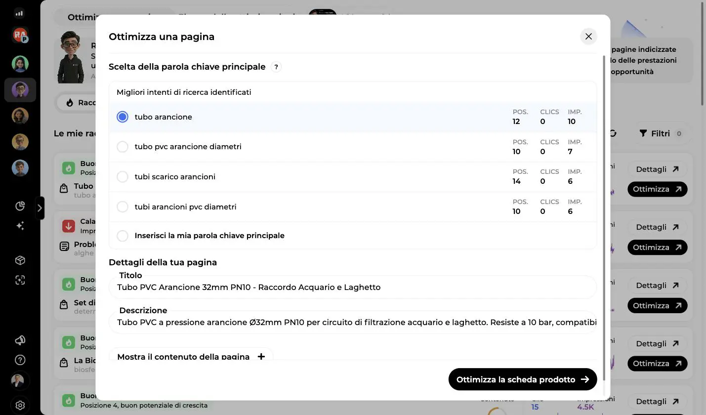 Finestra Ottimizza una pagina: scelta della parola chiave principale con posizione, clic e impressioni, titolo e descrizione modificabili