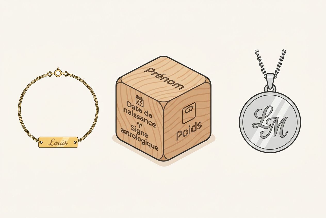 Bracelet doré personnalisé, puce calendrier sur cube bois indiquant prénom et naissance, médaille argentée gravée LM. cadeau naissance original personnalisé