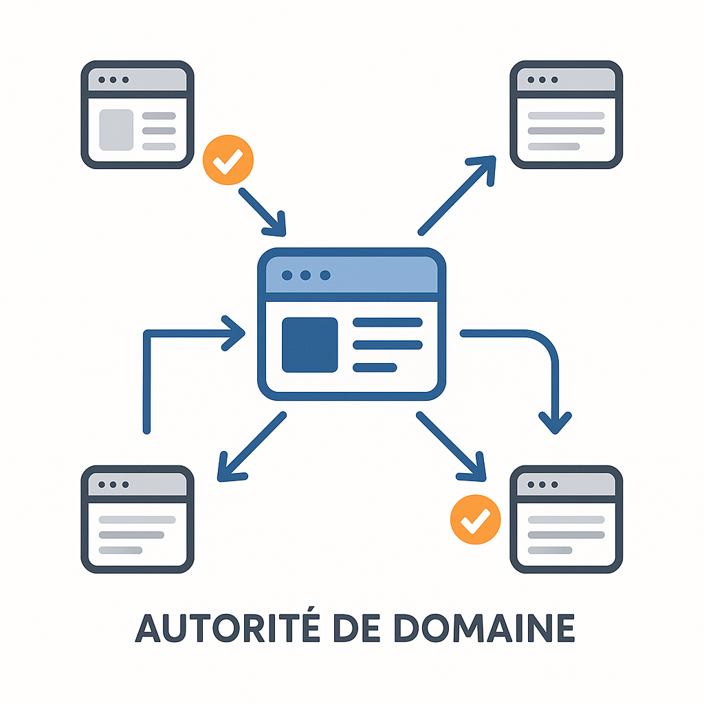 Schéma expliquant l'autorité de domaine avec un site central recevant des backlinks, symbolisés comme des votes de confiance, depuis d'autres sites.