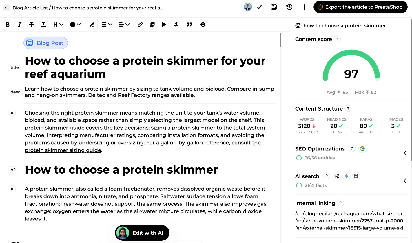 Generated article in the Sedestral editor with a content score of 97, SEO optimizations, AI search facts and internal linking panels