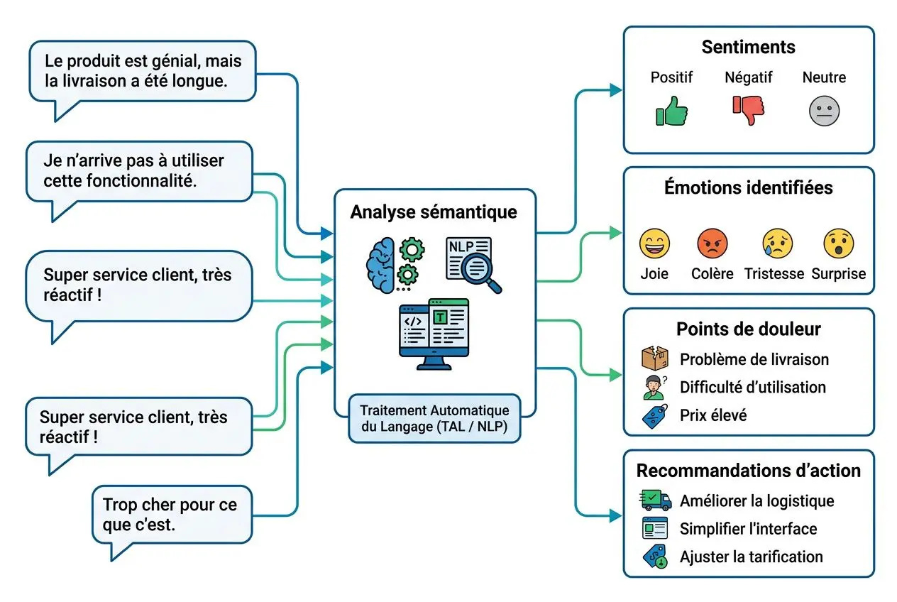 Diagramme d’analyse sémantique illustrant le traitement automatique du langage (TAL/NLP) et ses retours: sentiments, émotions identifiées, points de douleur et recommandations d’action. Pourquoi analyse sémantique importante pour votre stratégie.