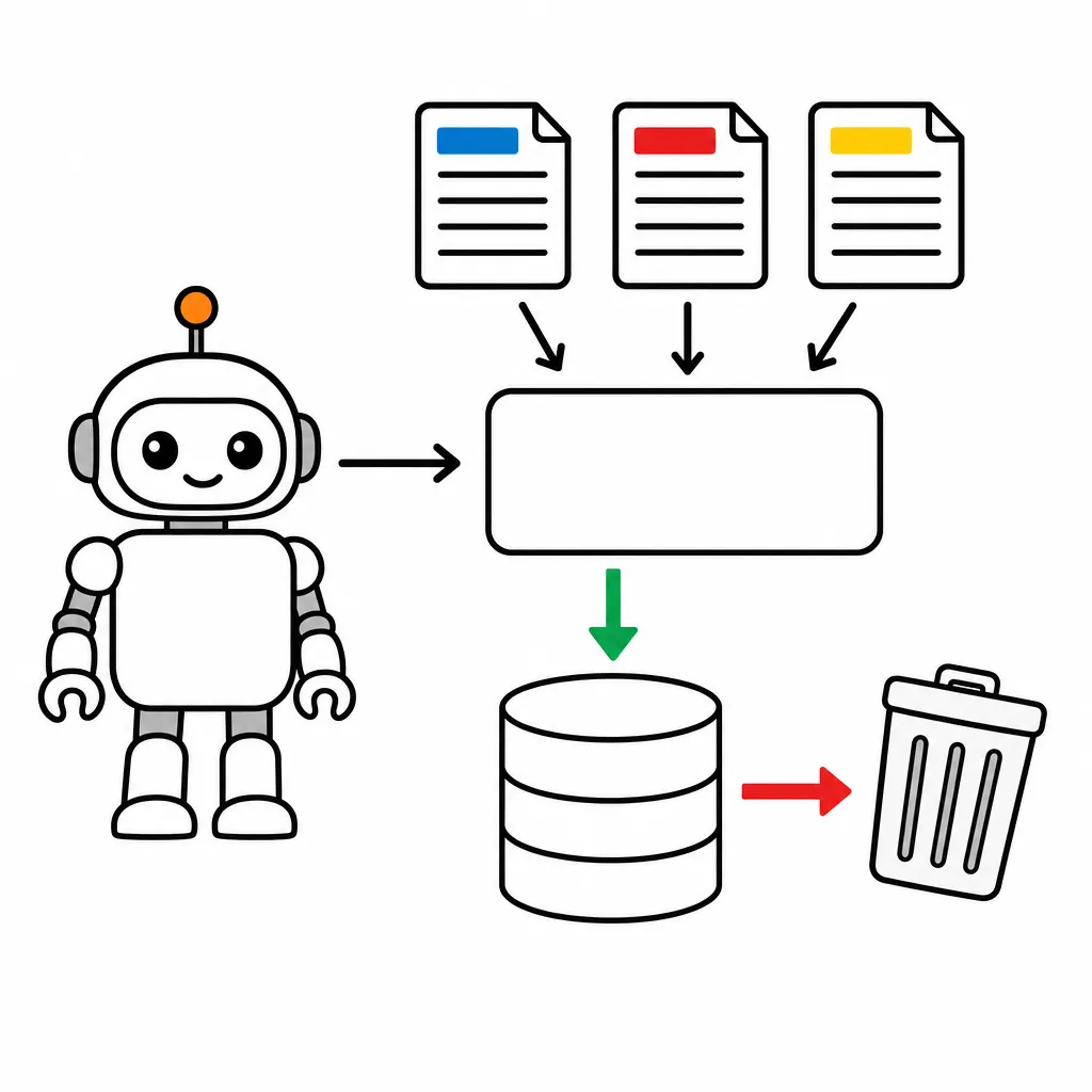 Illustration du crawl : un robot explore des pages, triées ensuite vers une base d'index ou vers la corbeille.