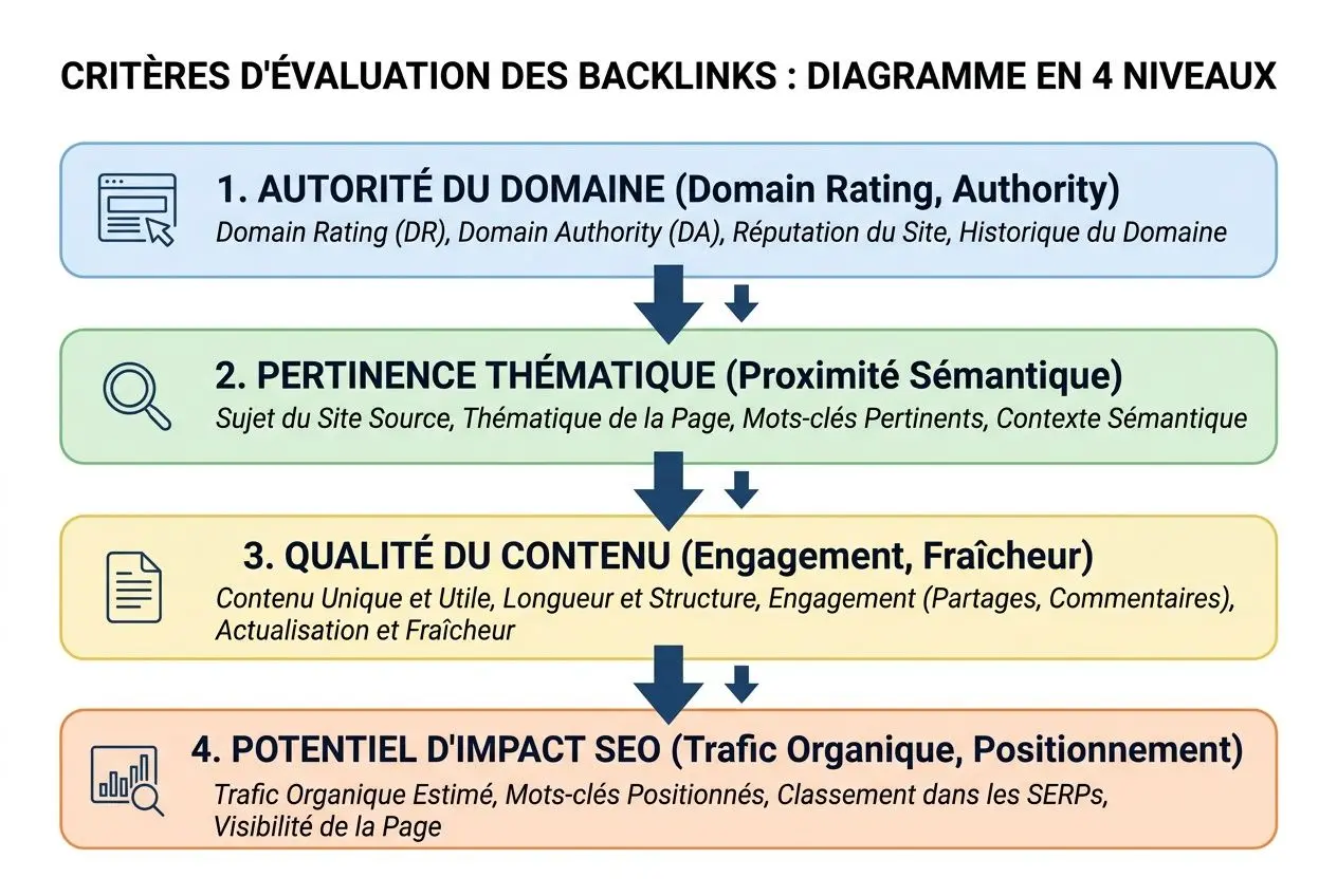 Diagramme en 4 niveaux des critères d'évaluation des backlinks montrant Autorité du domaine, Pertinence thématique, Qualité du contenu et Potentiel d'impact SEO, avec flèches reliant chaque étape. Inclut le concept backlink ia.