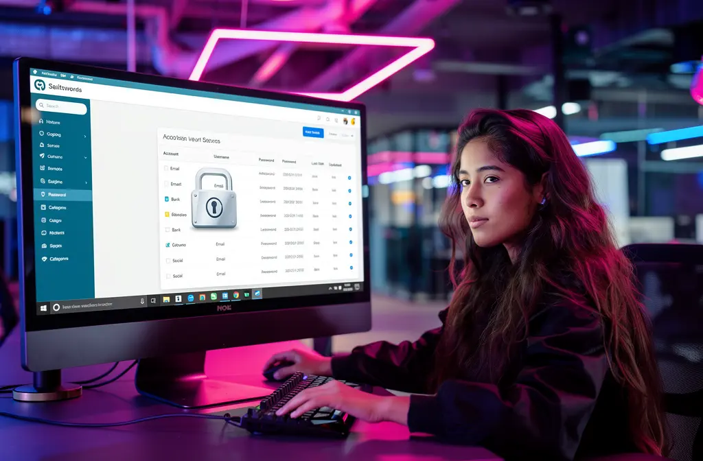 Jeune femme utilisant un gestionnaire de mots de passe sur son ordinateur dans un bureau moderne.