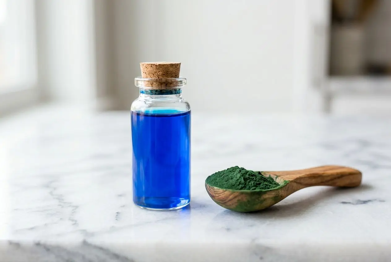 Flacon bleu de phycocyanine avec bouchon en liège à côté d'une cuillère en bois contenant de la poudre verte, sur un plan marble. phycocyanine bienfaits.