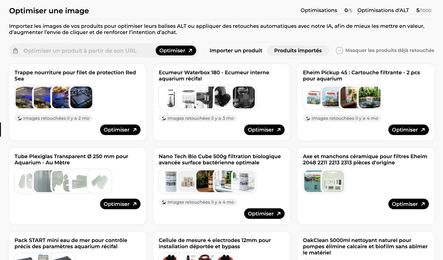 Écran Optimiser une image avec les quotas d'optimisations et d'ALT, le champ d'URL produit et les cartes des produits importés