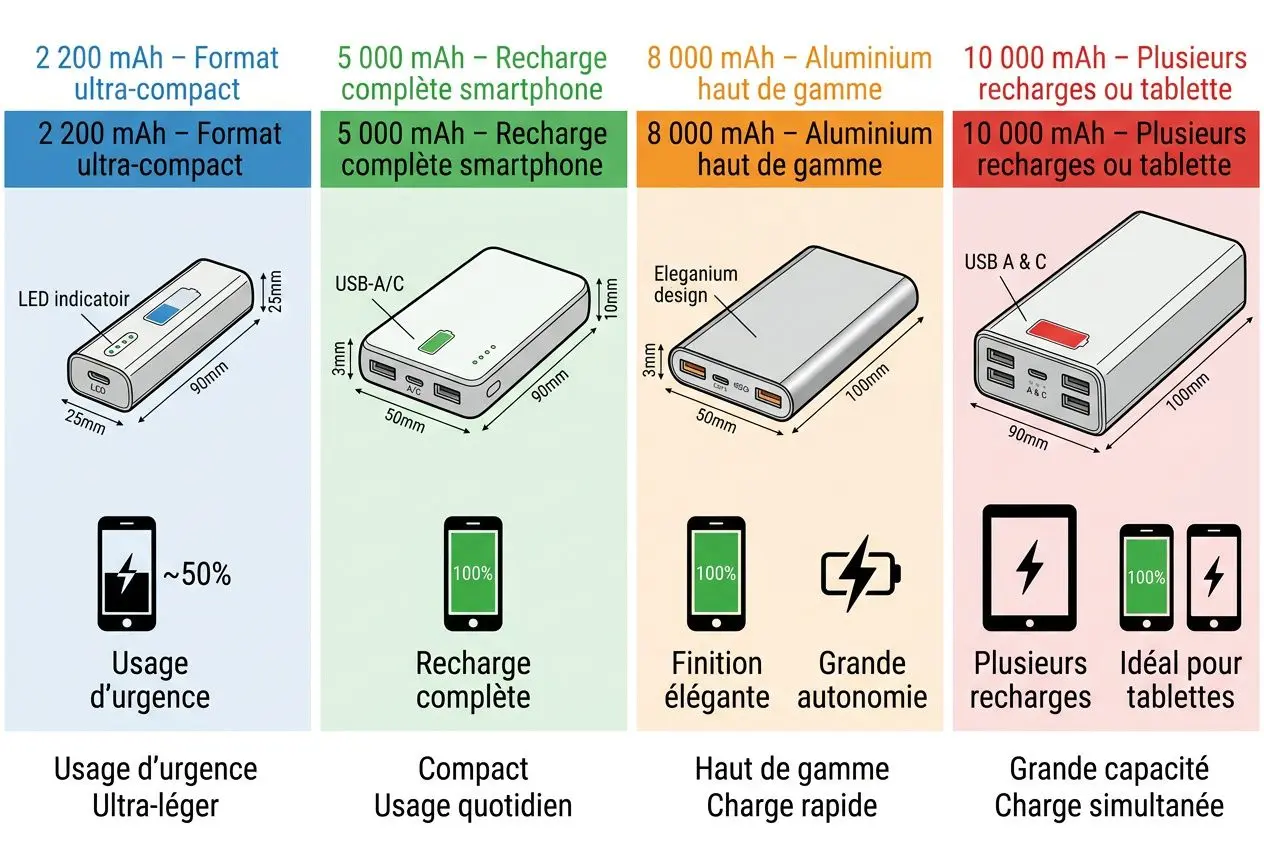 Compacte batterie externe ultra-compacte de 2 200 mAh avec indicateur LED et dimensions 25 x 90 x 25 mm.