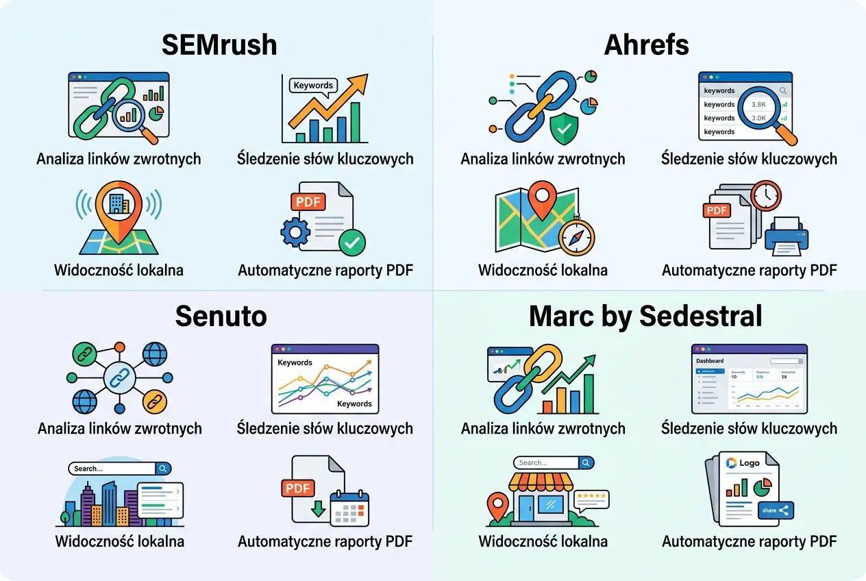 Cztery moduły narzędzi: SEMrush, Ahrefs, Senuto, Marc by Sedestral, każdy z ikonami analizy linków zwrotnych, śledzenia słów kluczowych, widoczności lokalnej i automatycznych raportów PDF, w tle pastelowy gradient. integration: automatyczne raporty seo.