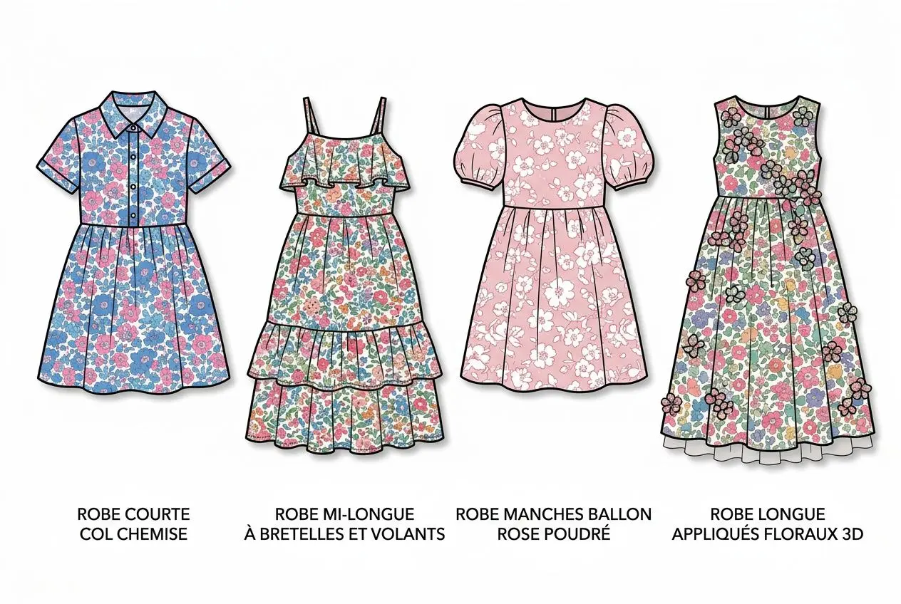 Robe liberty fille mariage : demoiselles d'honneur en robes poudrées et fleurs, look coordonné pour cortège.
