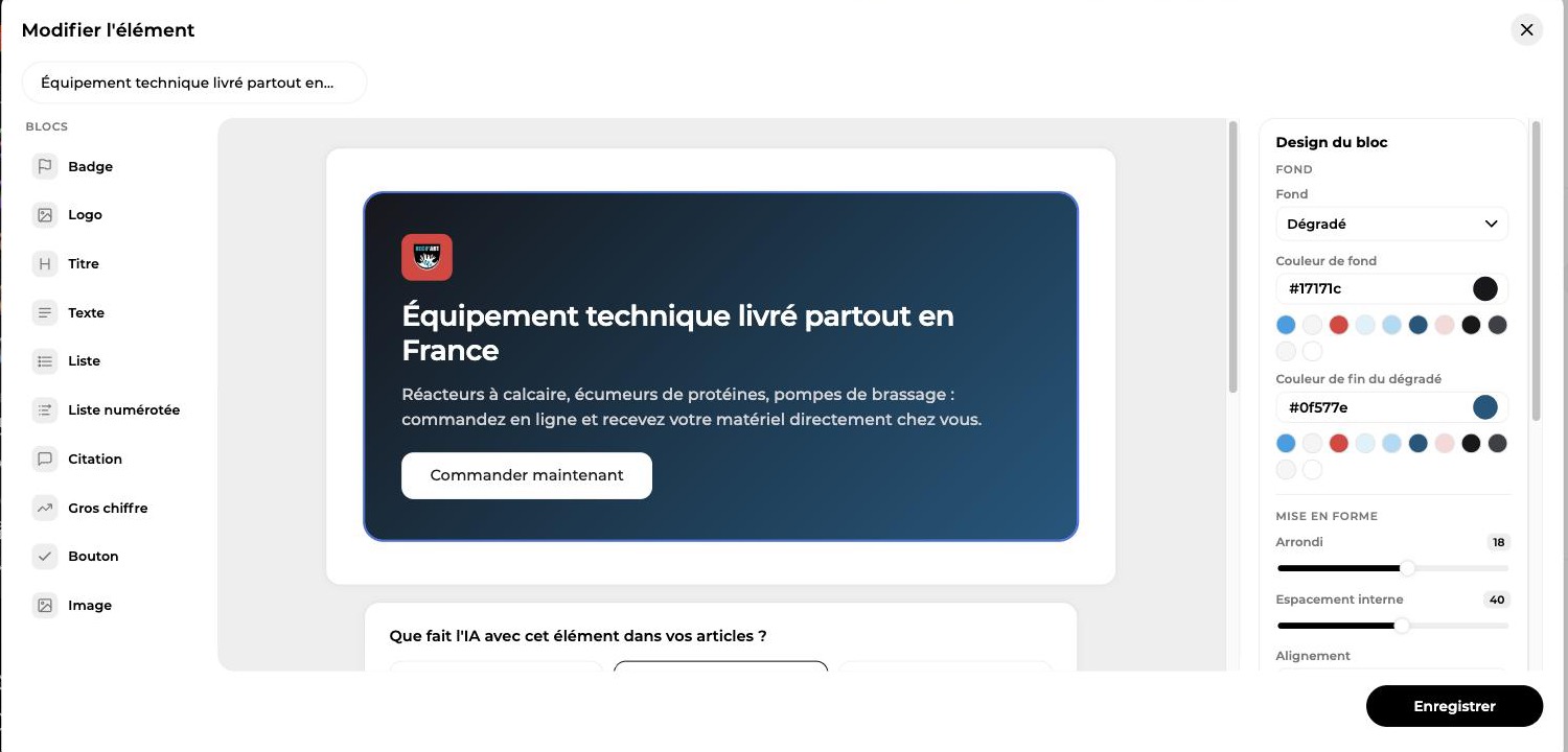 Builder d’élément graphique avec la palette de blocs, l’aperçu d’une carte sombre et l’inspecteur Design du bloc