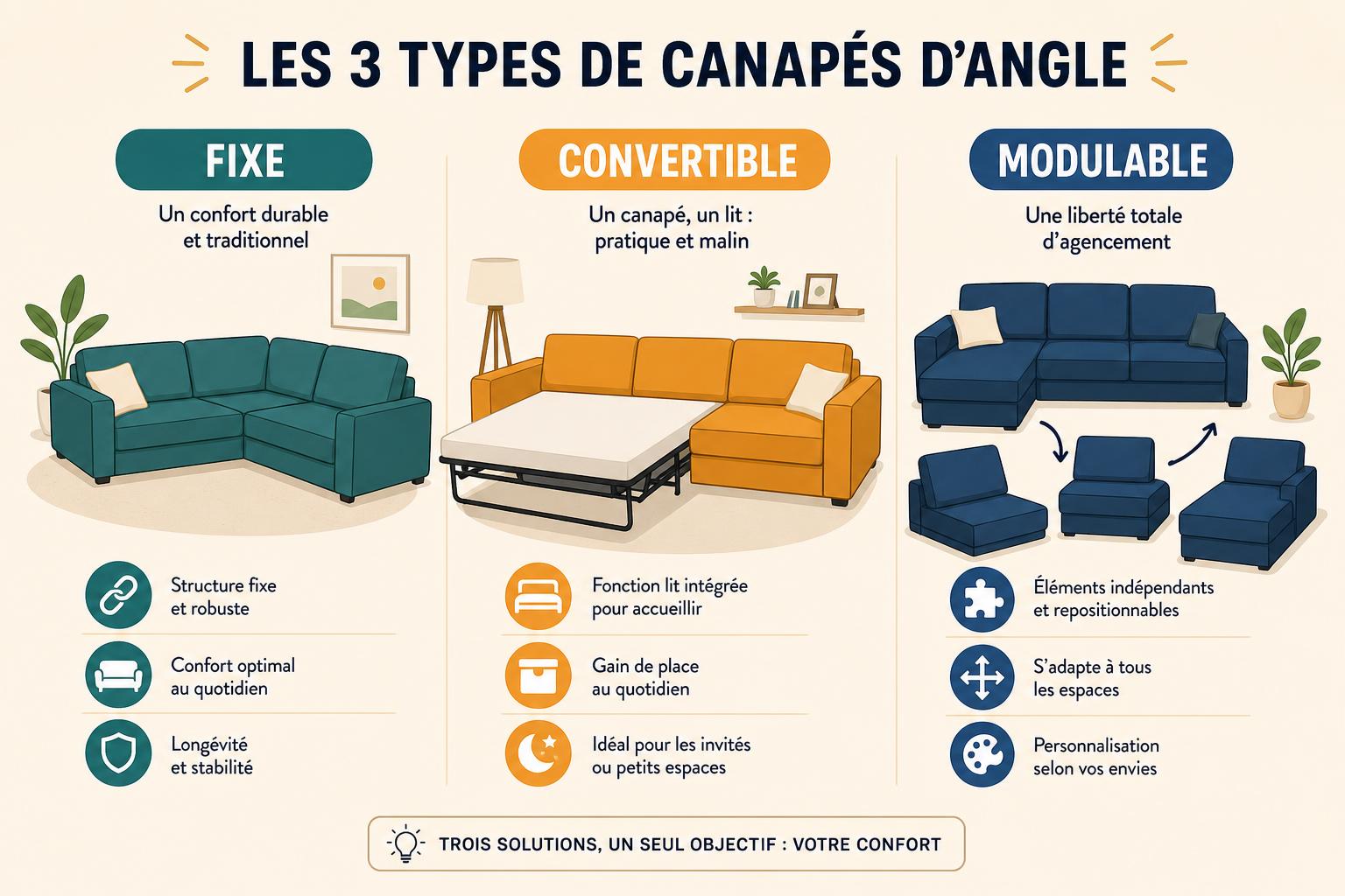 Comment choisir un canapé d'angle : aperçu des 3 types (Fixe, Convertible, Modulable) et leurs avantages dans un salon.
