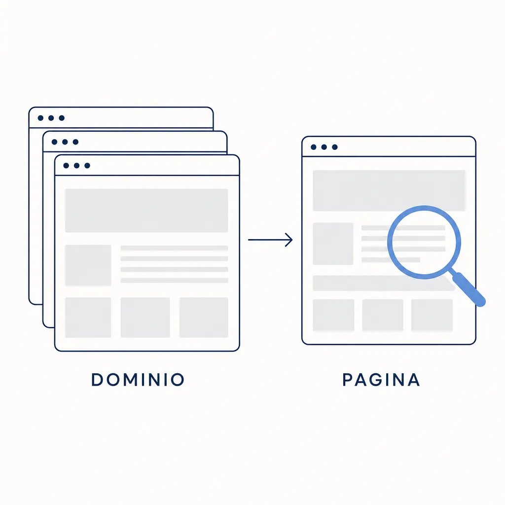 Schéma comparant l'autorité de domaine, figurée par un site entier, et l'autorité de page, figurée par une page unique sous une loupe.