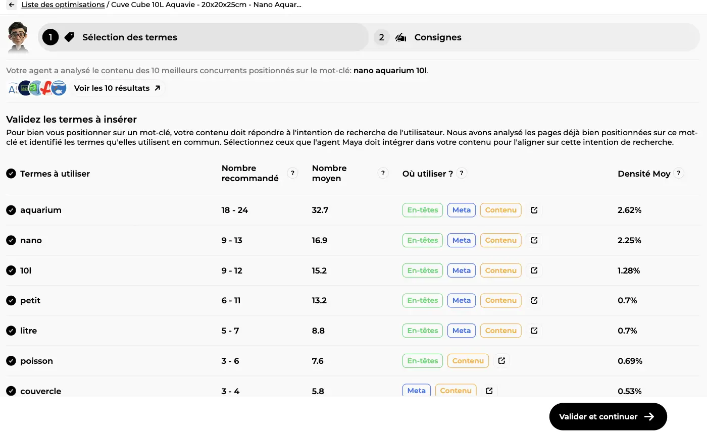 Étape Sélection des termes : tableau des termes sémantiques avec nombre recommandé, nombre moyen, emplacements et densité moyenne