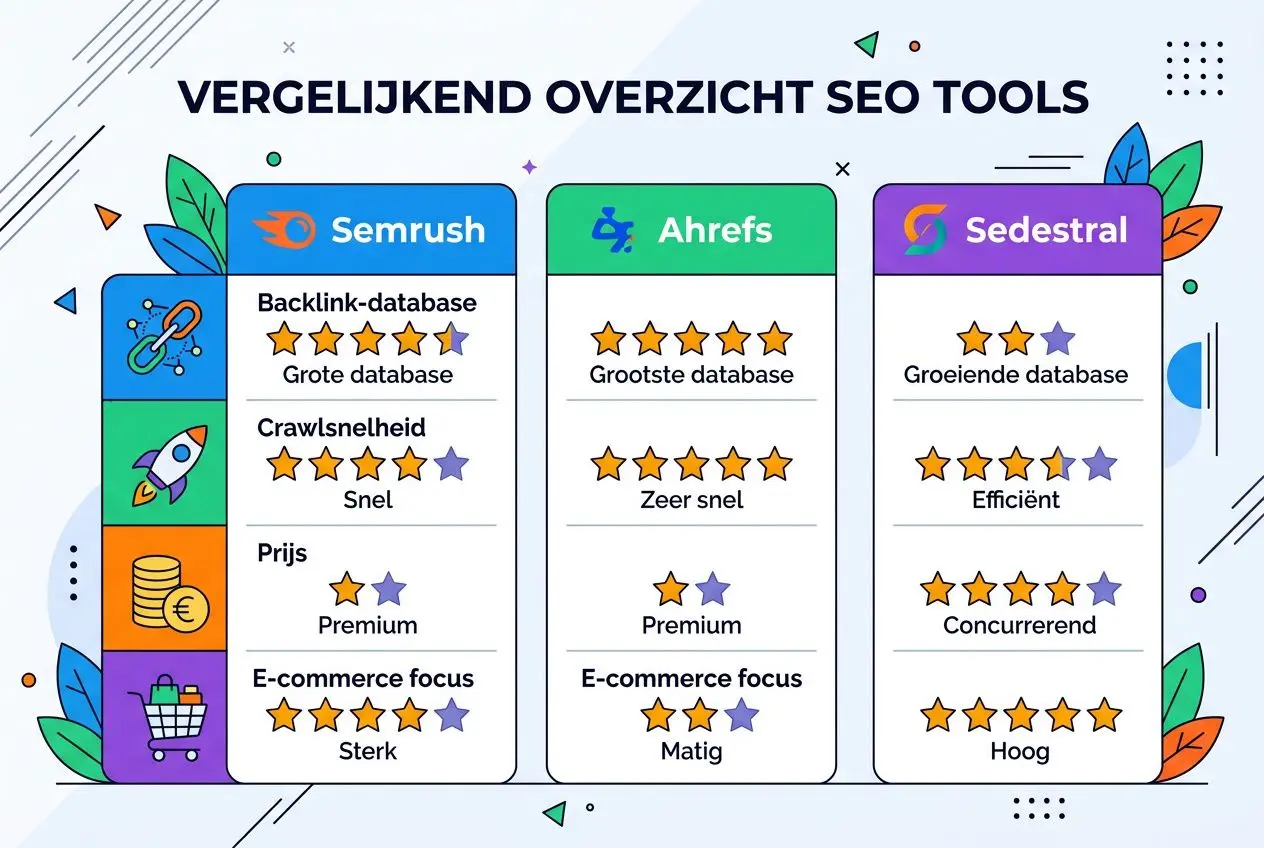 Vergelijkend overzicht SEO-tools met Semrush, Ahrefs en Sedestral: seo audit software vergelijk voor 2026, tonen databases, snelheid, prijzen en scores.
