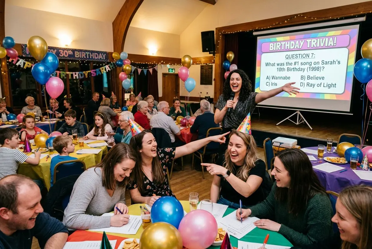 Animateur lors d’un quiz sur la personne qui fête son anniversaire, projection “Birthday Trivia” et participants souriants autour des tables décorées.
