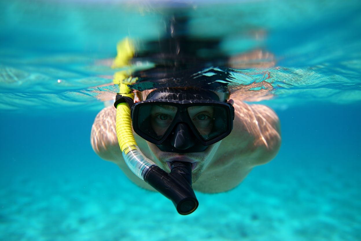 Persona che pratica esercizi di respirazione lenta con lo snorkel in piscina