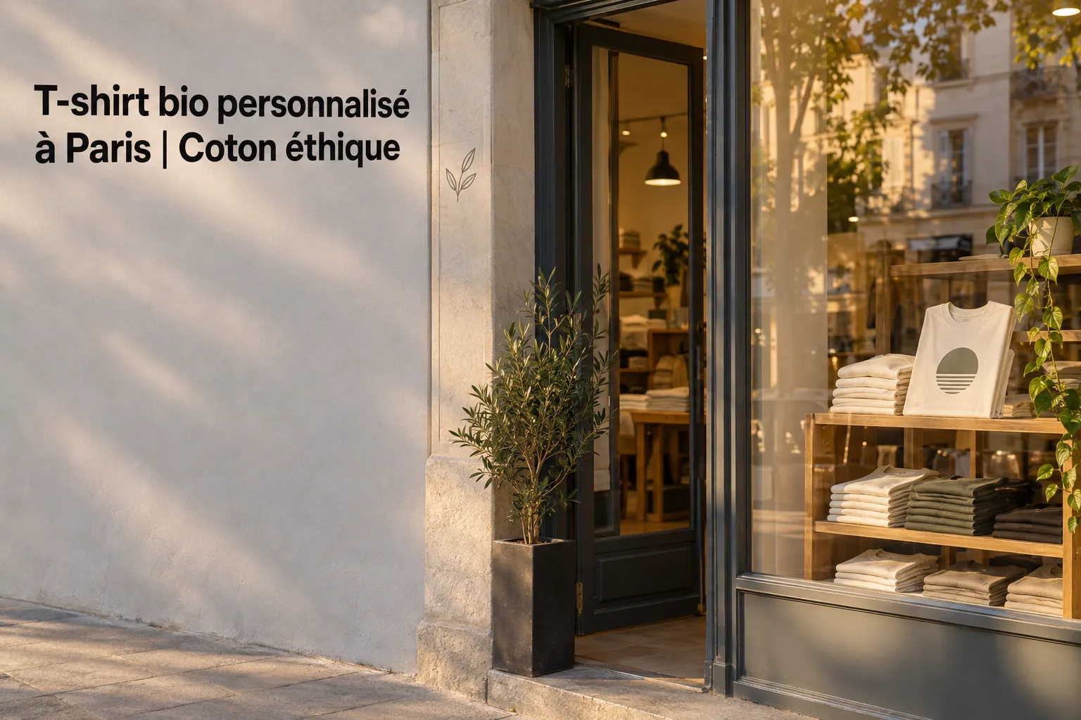 T-shirt bio personnalisé Paris | façade showroom coton éthique, vitrine avec piles de T-shirts imprimés.