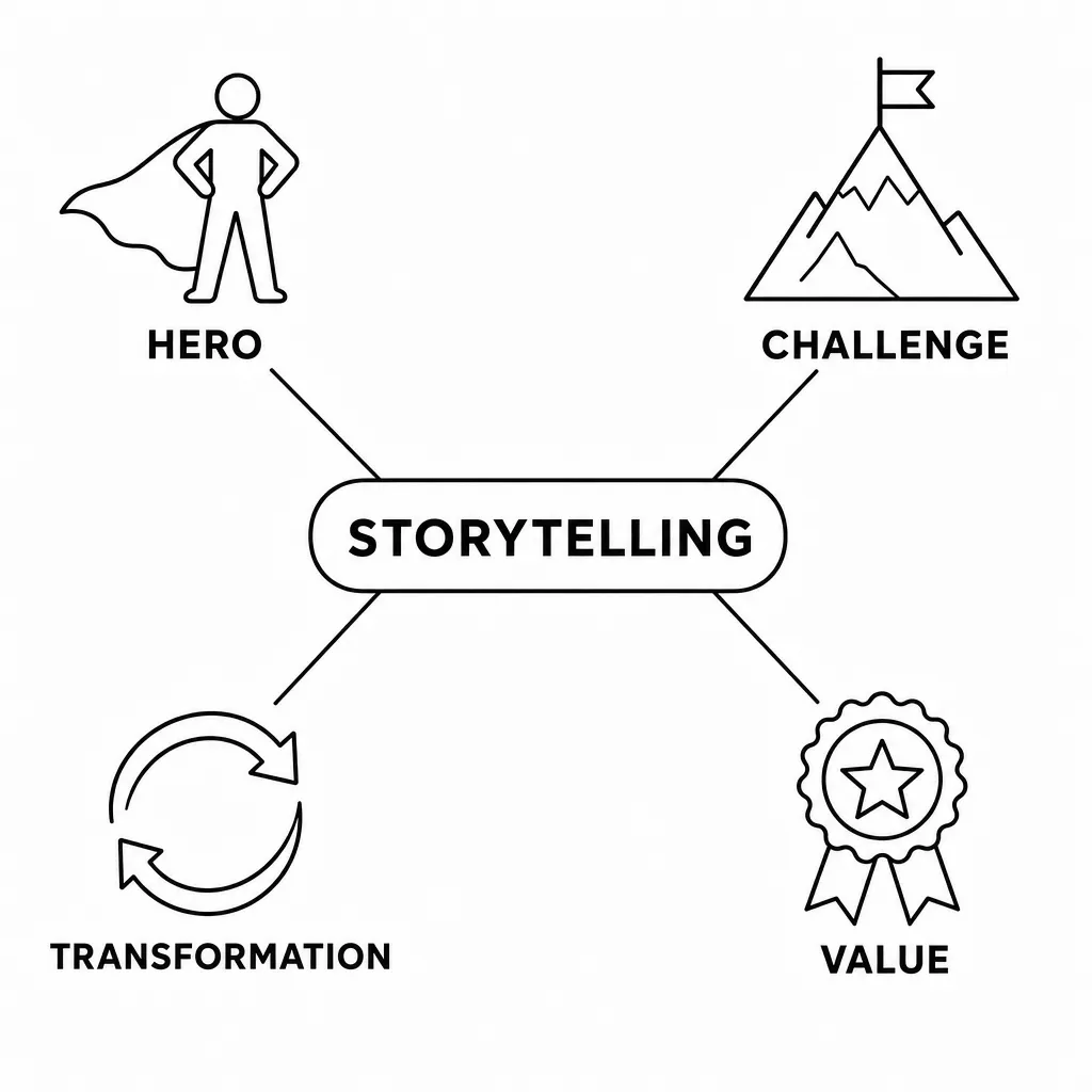 Diagram of the four key elements of effective storytelling: a hero, a challenge, a transformation and a value.