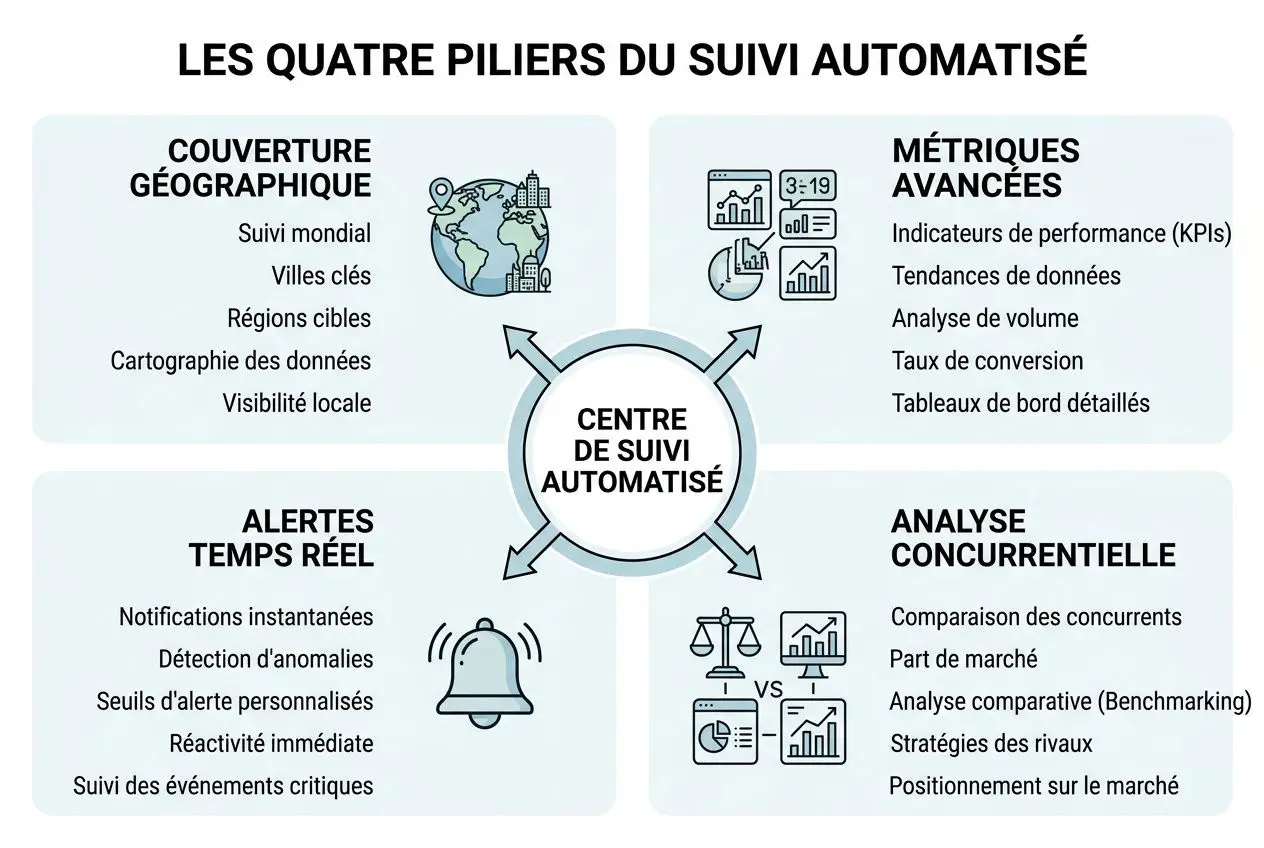 Les quatre piliers du suivi automatisé autour d’un cercle central « Centre de suivi automatisé », avec les sections couverture géographique, métriques avancées, alertes temps réel et analyse concurrentielle.